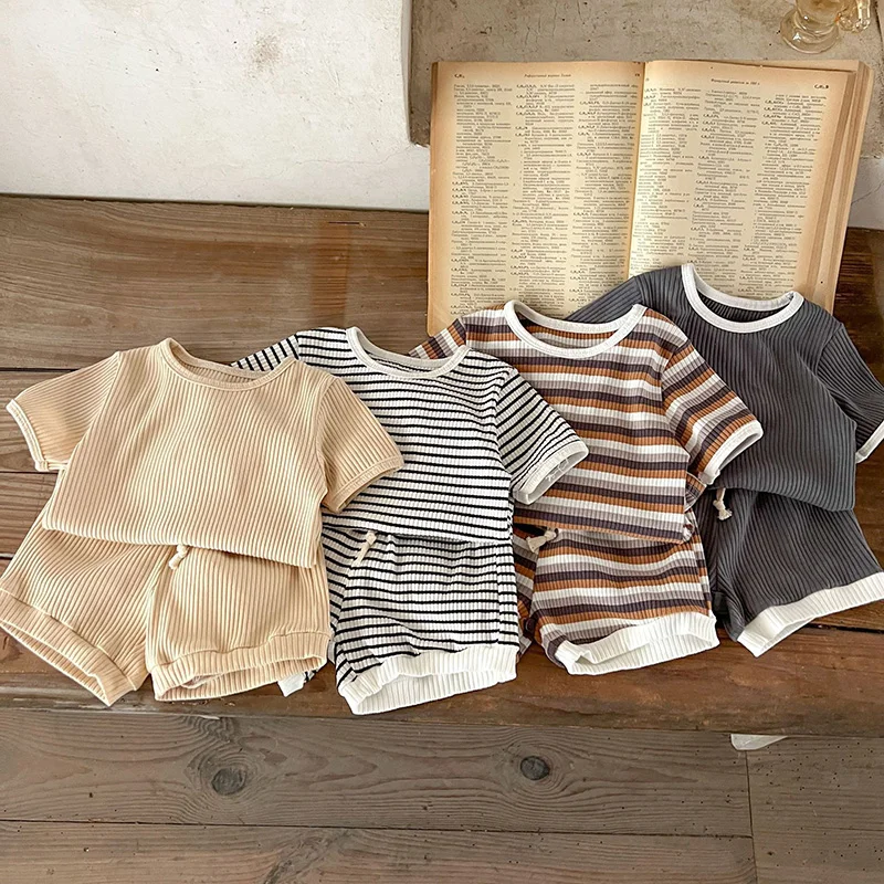 

Toddler Baby Boys Girl Clothes Set Short Sleeved Cotton Striped T-shirt+Shorts Infant Baby Boys Girls Clothes Suit For Summer