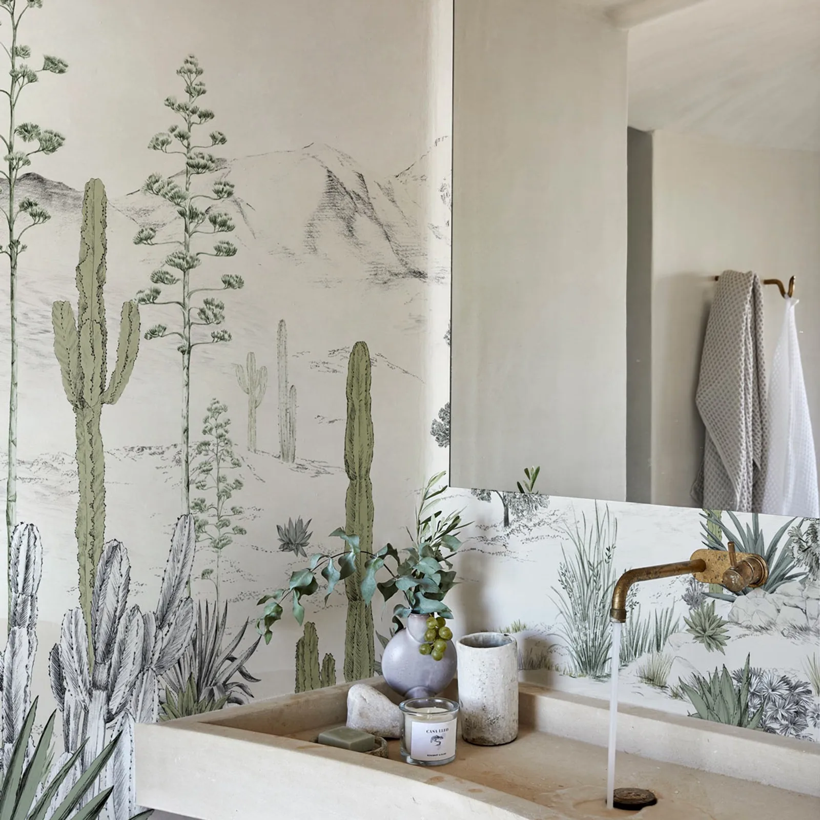 Succulentes wallpaper in Nature color, Landscape wallpaper with Illustrations of succulents, agaves and desert oaks