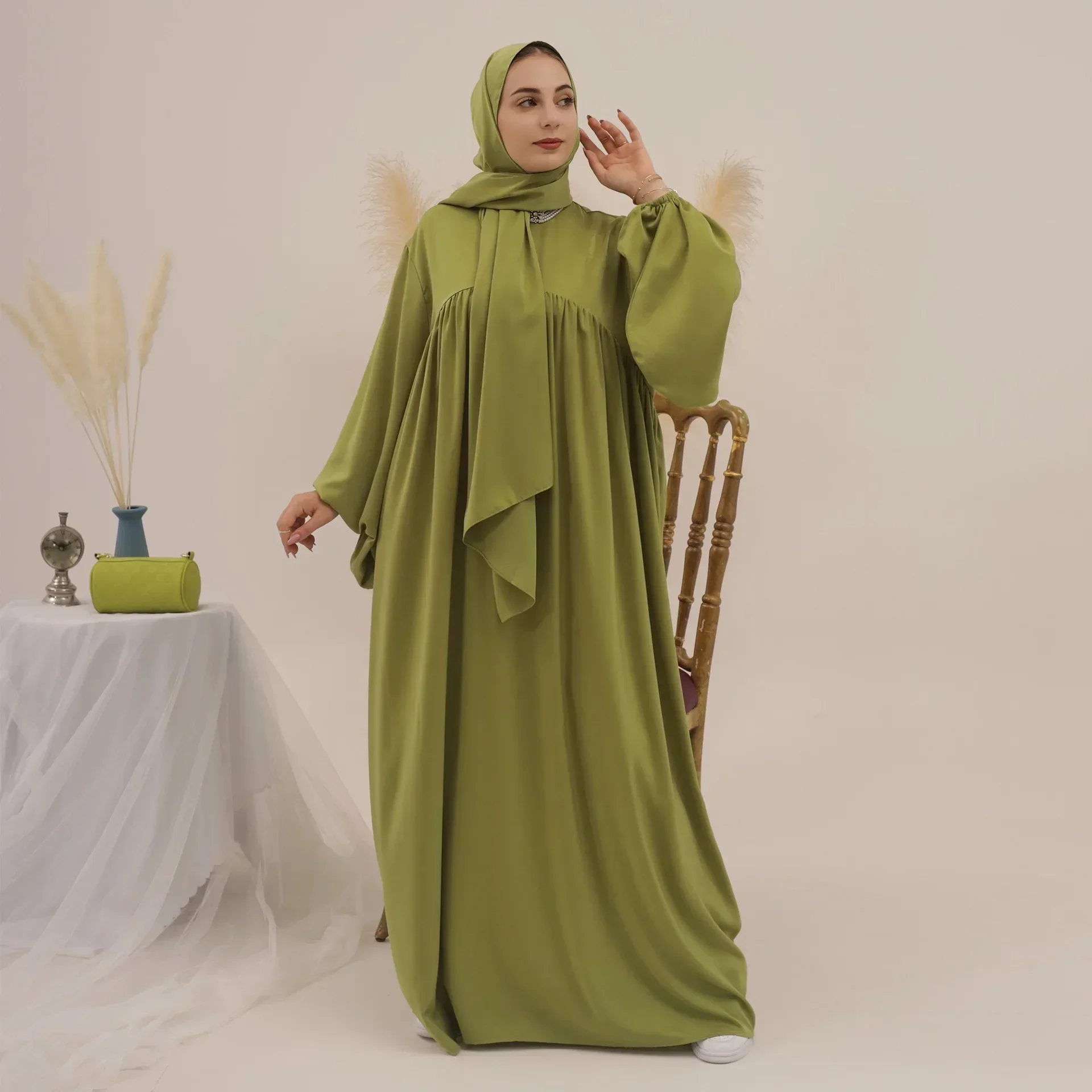 Islamic Plain Abaya with Hijab Muslim Long Dresses for Women Satin Gulf Abayas Saudi Dubai Turkey Ramadan Eid Modest Kaftan Robe