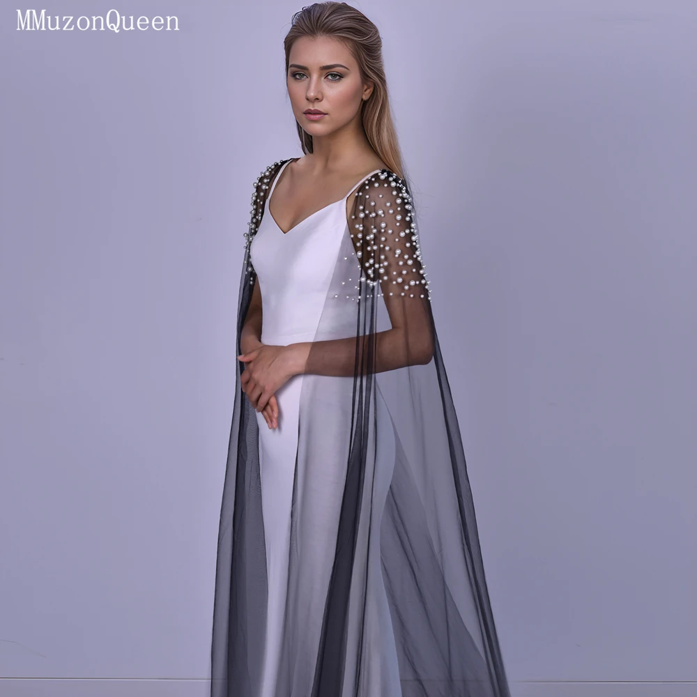 TOPQUEEN Luxuriöser Brautcape für Damen mit langer Schleppe und Perlenverzierung, einlagiger transparenter Netzschal MG42-L – Detail 12
