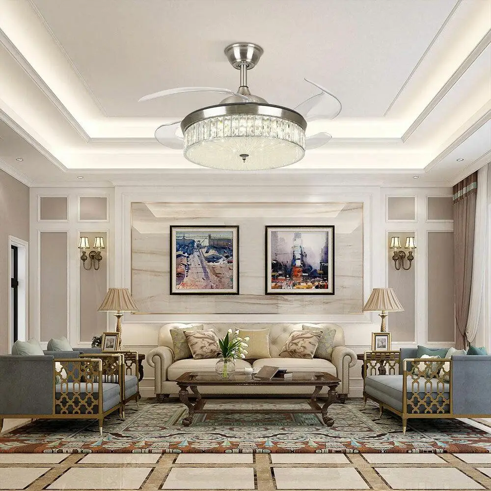 

42" Dimmable Crystal Ceiling LED Fan Light Chandelier 4 Retractable Blades W/ Remote for Dining Living Bedroom