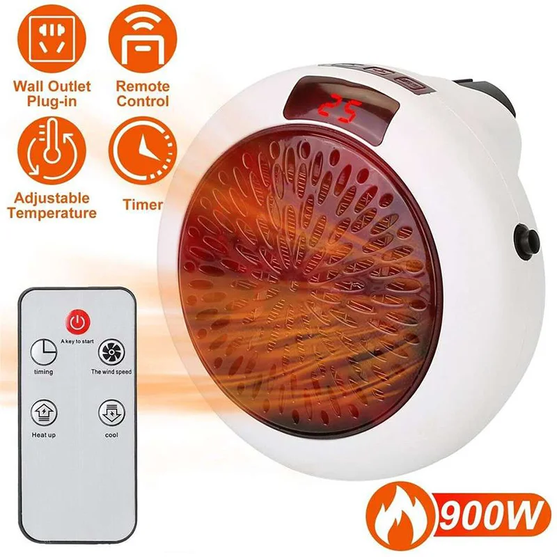 Electric Heater 900W Portable Plug In Wall Heater Room Heating