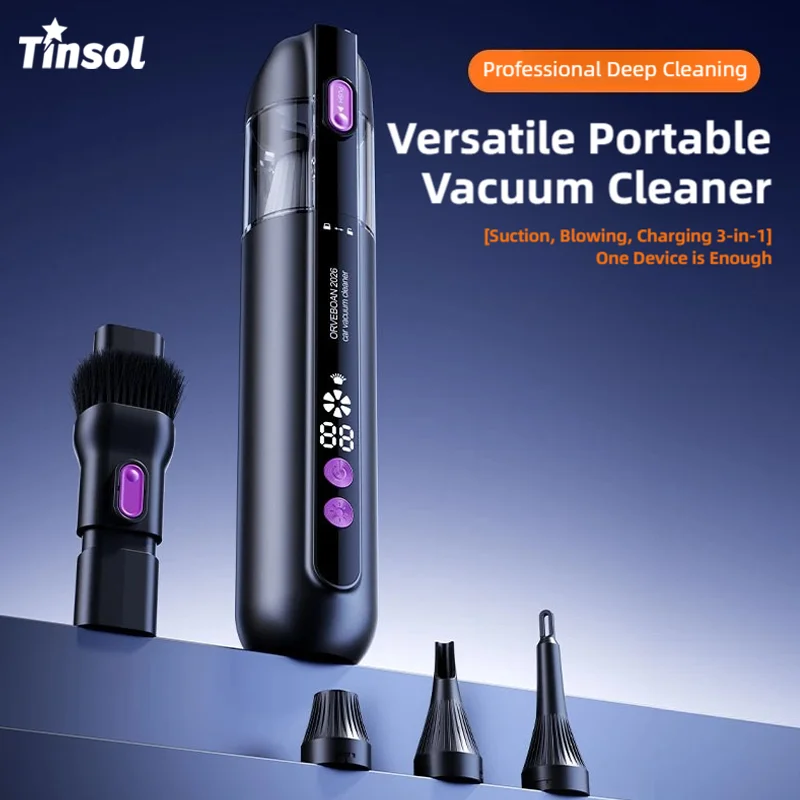 Aspiradora para coche TINSOL 3 en 1, aspiradora inalámbrica para el hogar de 15000PA, miniremovedor de suciedad portátil recargable por USB