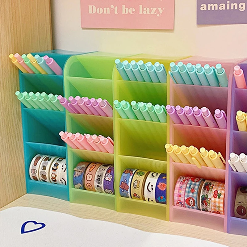 1pc Candy Color 4 Grid Desktop Pen Holder Kawaii Small Big Size Makeup Brushes Lipstick Pens Storage Organizer School Stationery 3