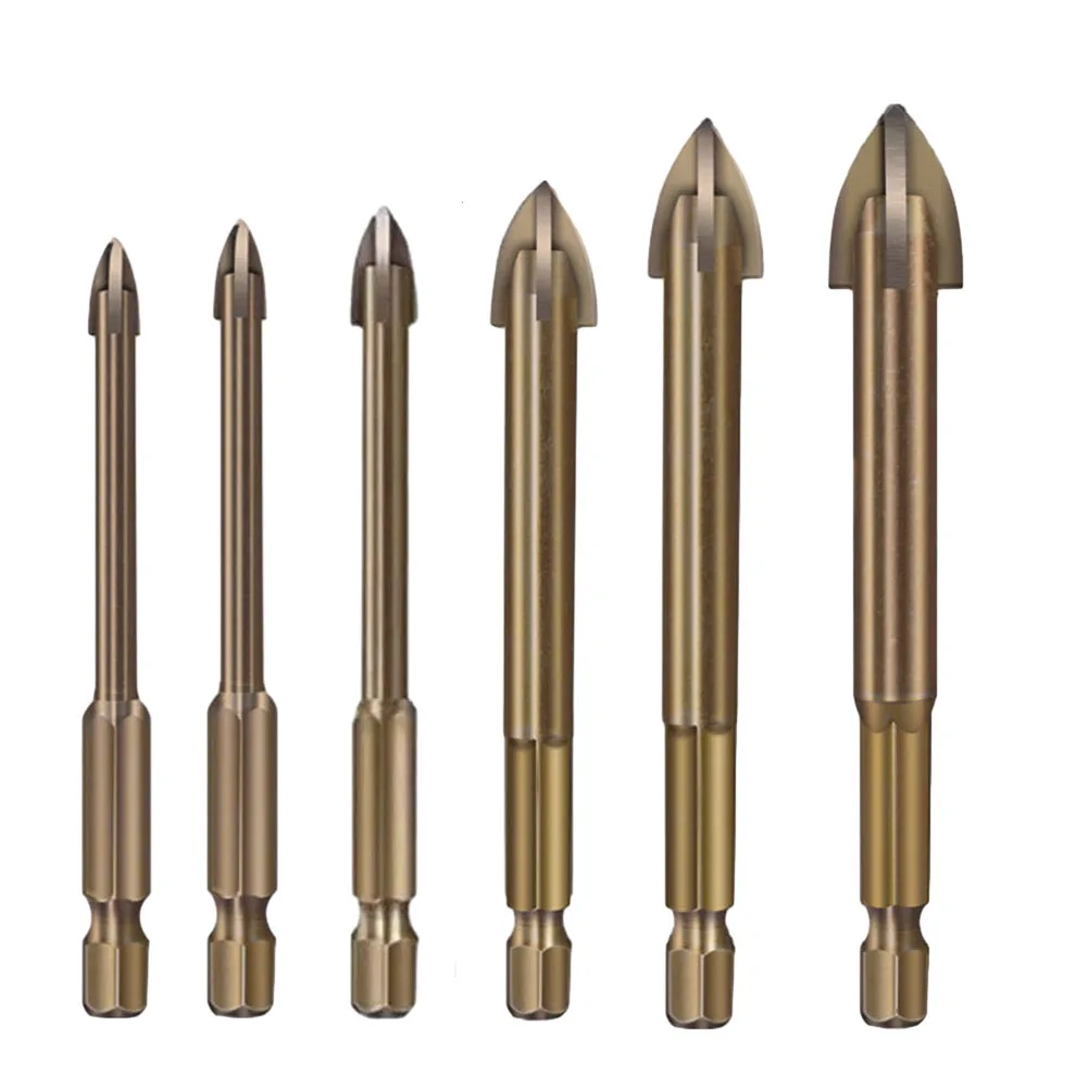 

Набор сверл, комплект из 6 насадок 4-12 мм с 4 режущими кромками, для плитки, стекла, с крестовой головкой, с шестигранной ручкой, для электроинструментов