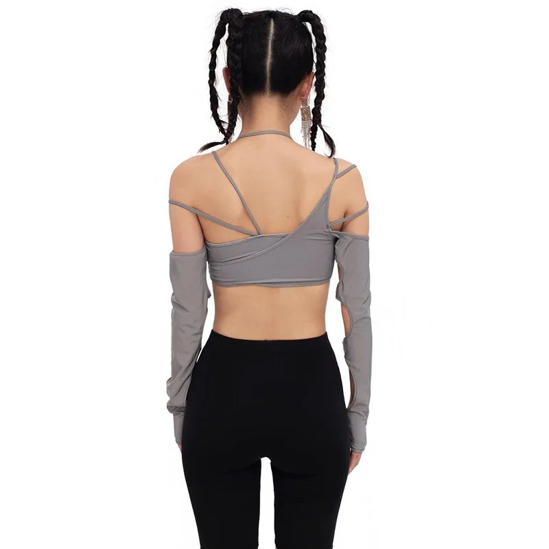 Europe and the United States y2k summer new women's solid color halter halter halter crop back sleeved blouse