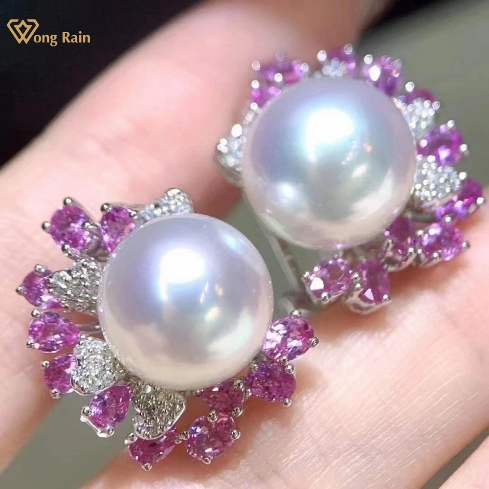 Wong Rain Luxury 925 Sterling Silver Natural Pearl High Carbon Diamond Gemstone Sparkling Ear Studs Earrings Customized Jewelry