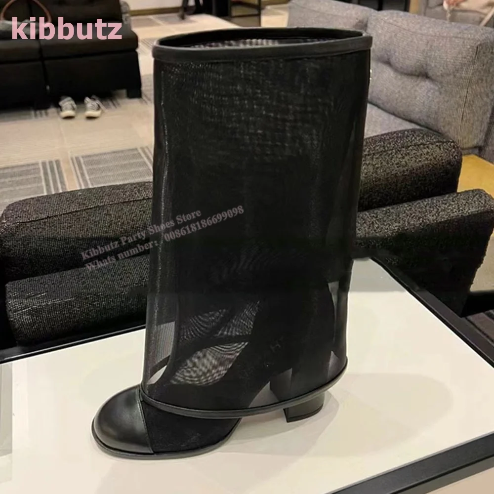 Mesh Knee-High Boots Round Toe Square Heel Patent Leather Solid Black Slip-On Sexy Luxury Fashion Super High Shoes 2023 Newest