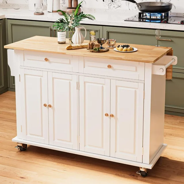 Rolling Kitchen Island with Drop Leaf - Kitchen Carts on Wheels with Storage, Towel Rack, Drawers Island Table for Kitchen, Dini