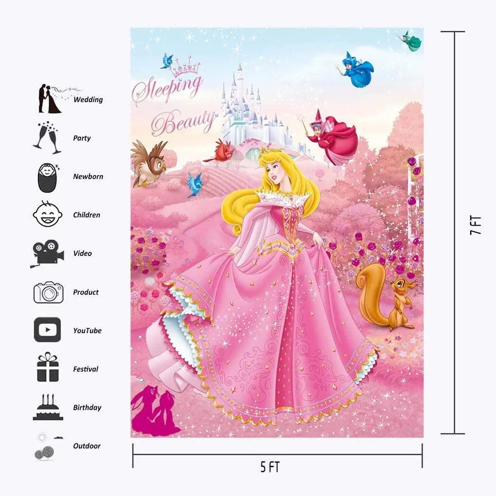 Disney Princess Pink Sleeping Beauty Aurora Girls Birthday Backdrop Rainbow Castle Fairy Tale Pink Photography