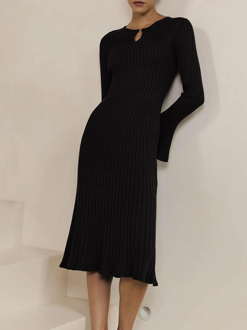 Elegant Knitted Midi Sweater Dress - Womens Long Sleeve Autumn Winter Party Dress