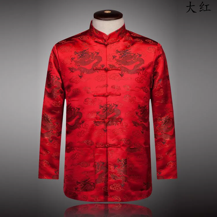 Embroider Dragon and Phoenix Tang Clothes Women Men Brocade Satin Hanfu Jacket Long Sleeve Cota Vintage Mandarin Collar Qipao