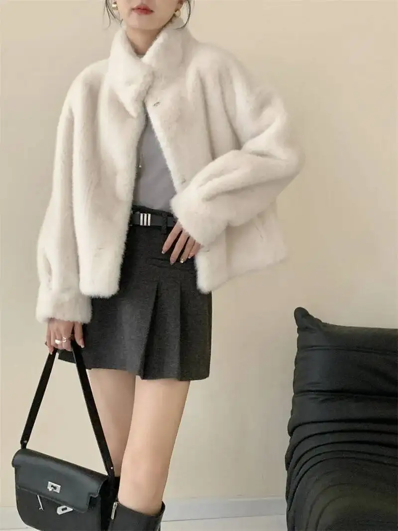 LANMREM Eco-friendly Mink Fur Windproof Stand Collar Faux Mink Coat For Women Warm Winter Thick Jackets With Pockets 2DB5167