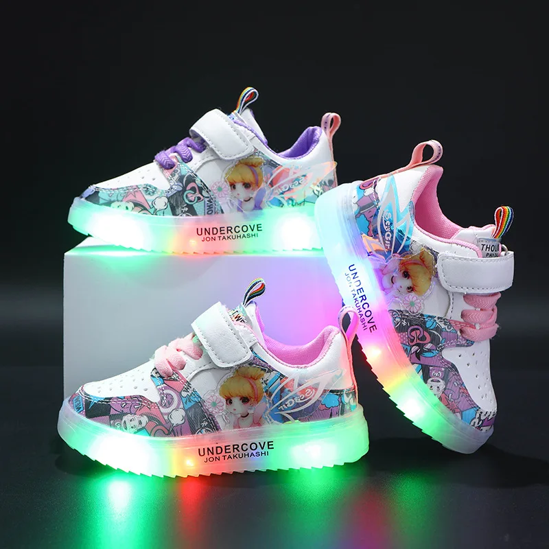 2024 Cartoon Lovely Kids LED Lighted Hook&Loop Fashion Baby Girls Shoes Hot Sales Princess Toddlers Children Casual Shoes lovely toddler girl s mary janes vintage new 2024 shallow autumn round toe non slip classic light kids shoe children flat shoes