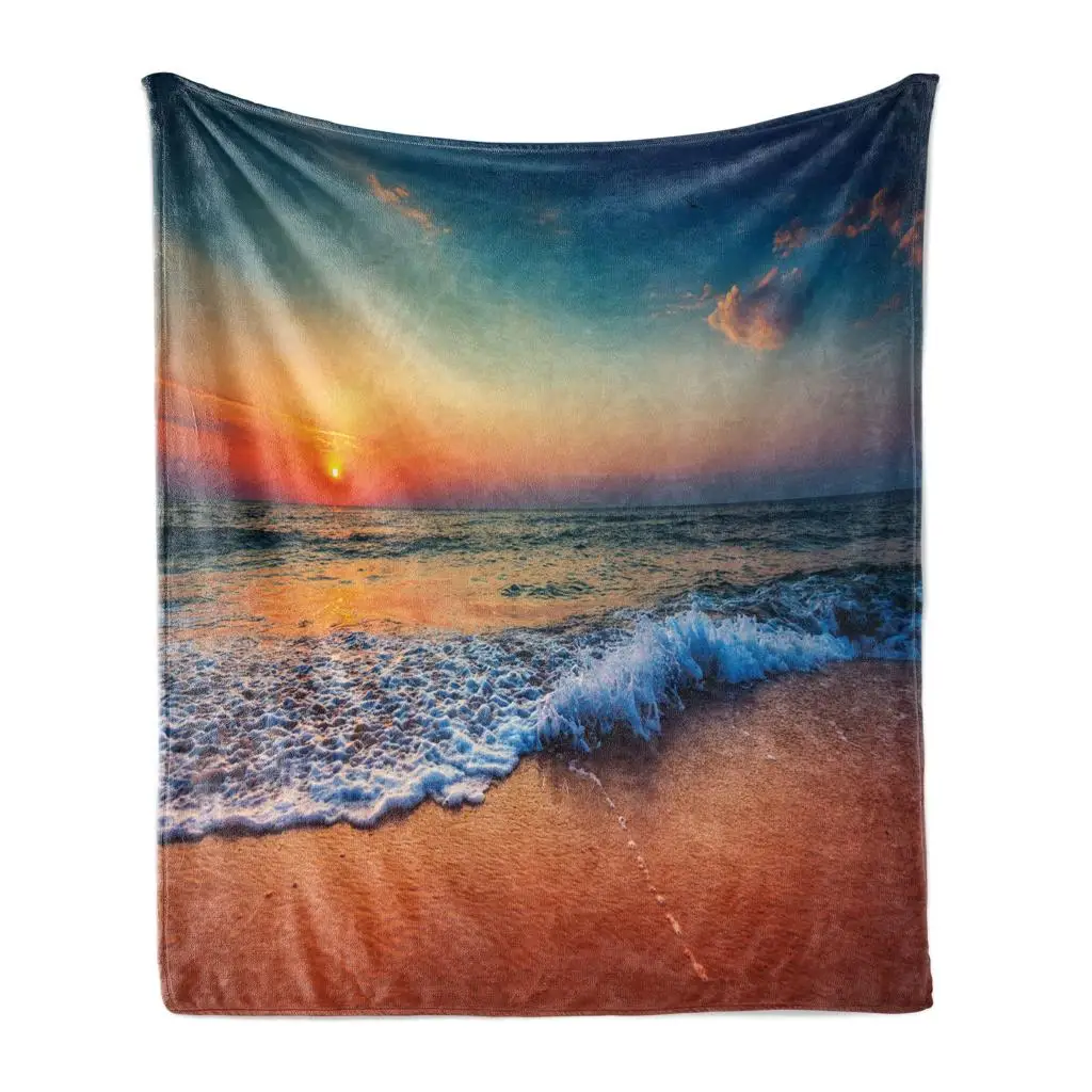 

Throw Blanket,Sandy Beach View Tropical Ocean At Sunset Romantic Colors Calm Tides Soft Cozy Flannel Blanket for Birthday Gifts
