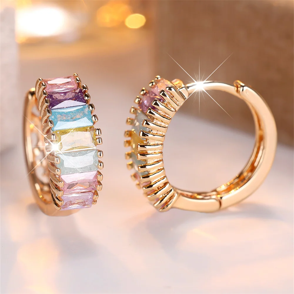 Multicolor Ice Flower Zircon Square Stone Hoop Earrings For Women Vintage Gold Color Ear Buckle Wedding Jewelry Versatile Gifts