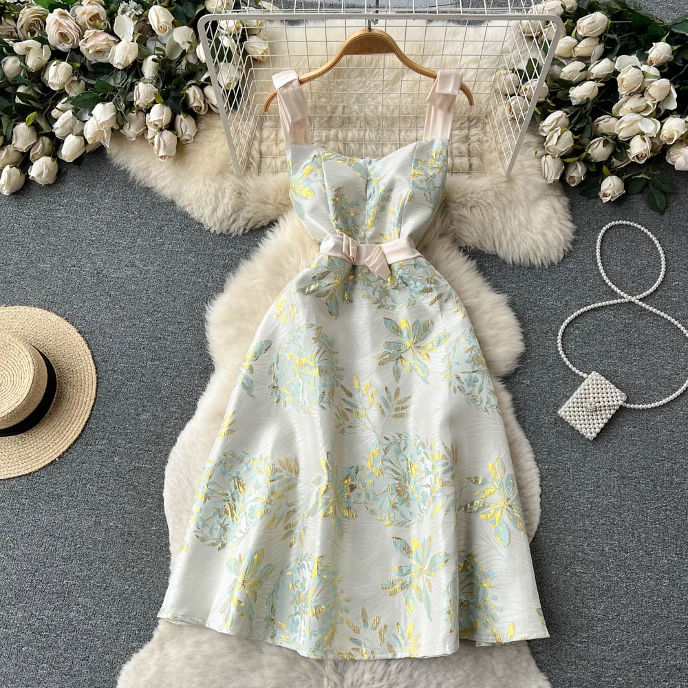 

Vintage Gorgeous Flower Jacquard Dress Women's Sleeveless Bow Tie Strapless Strap Elegant Evening Party Club Vestidos