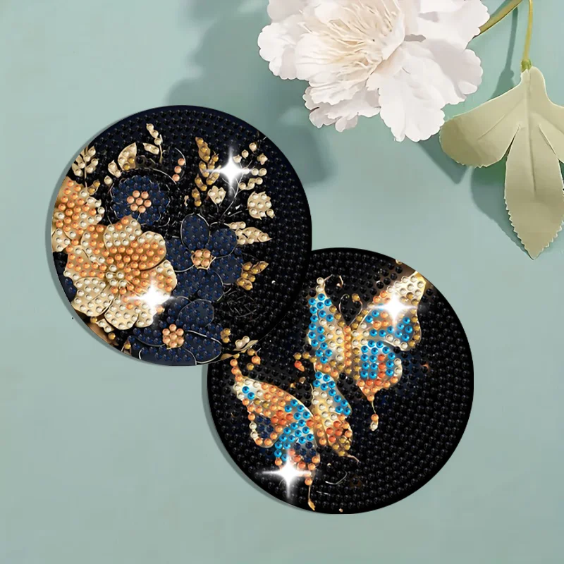 A set of 8-piece butterfly and flower element combination pattern diamond painting DIY coaster set 5