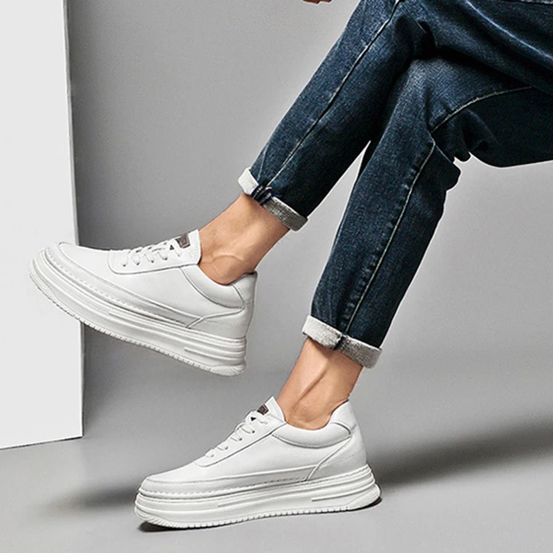 Mens Casual Genuine Leather Heightening 4/6/8CM Fashion Comfortable Breathable Sports Shoes Running Non-slip Sneakers Leisure