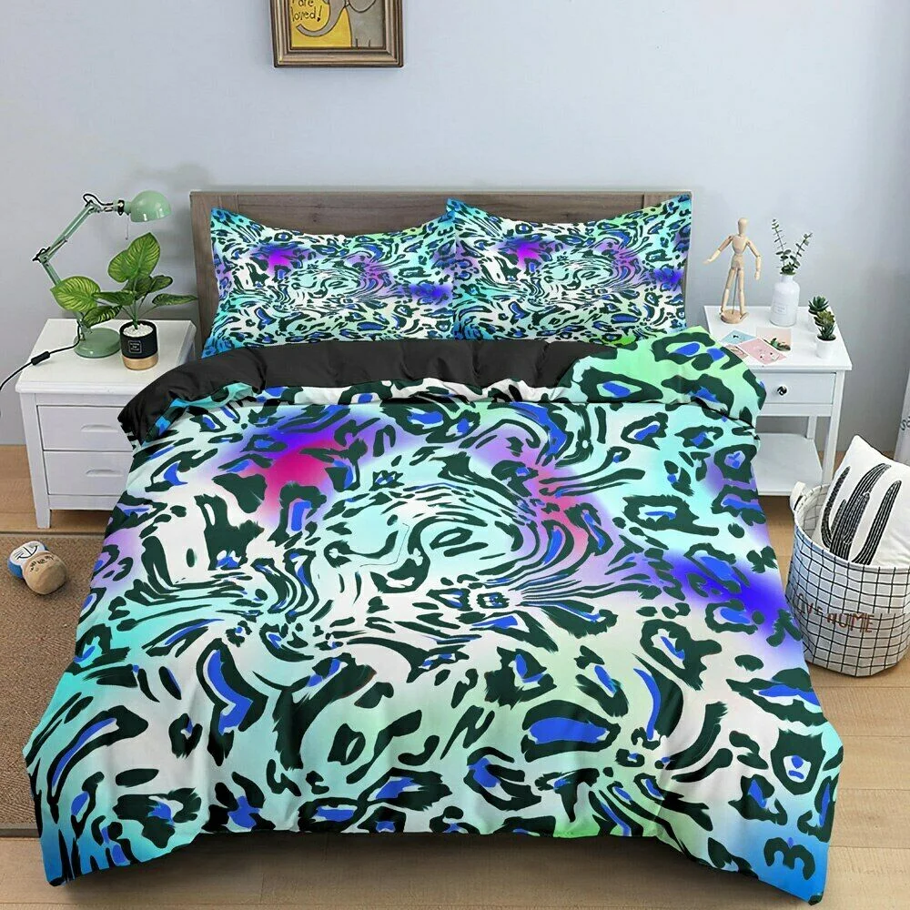 Women Rainbow Cheetah Printed Bedding Set Twin Colorful Leopard Printed Duvet Cover Set Psychedelic King Quilt Cover Decorative 