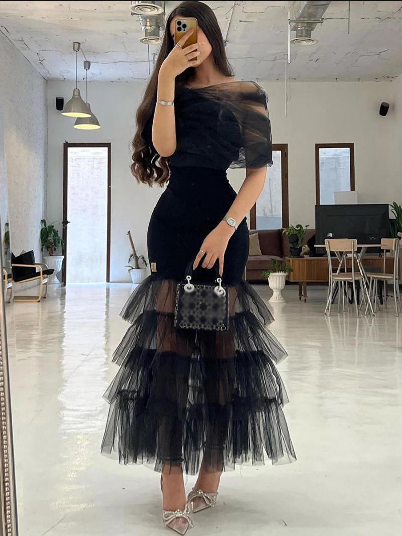 

Elegant Black Gauze See Through Women Wedding Dress Sexy Off The Shoulder Party Dress Luxury Layers Criss-cross Evening Dresses