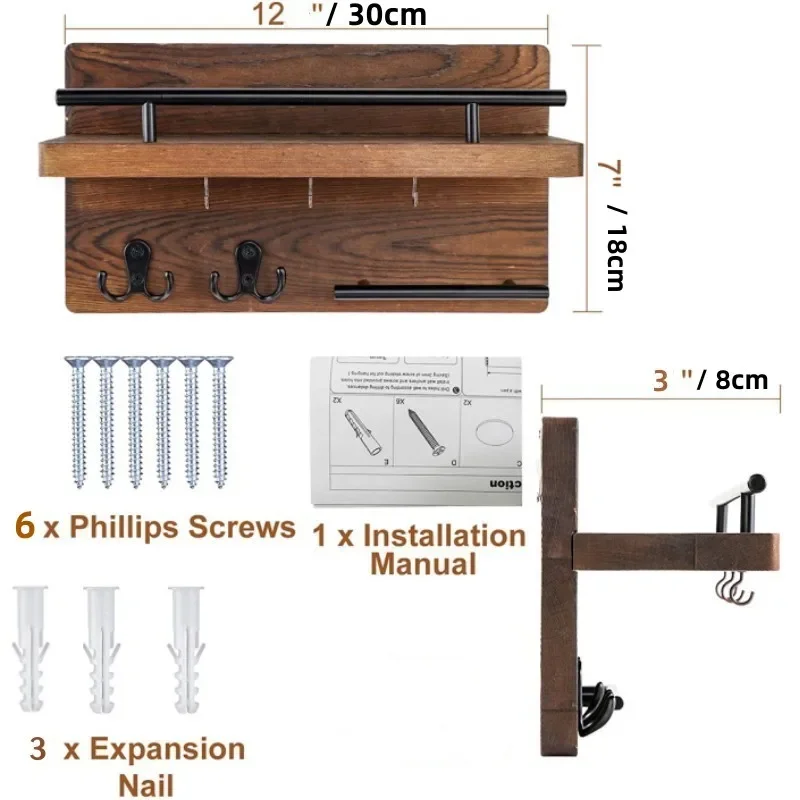Wooden Wall Key Holder with 5 Hooks Mail Organizer with Shelf Home Decor for Entryway Hallway 6
