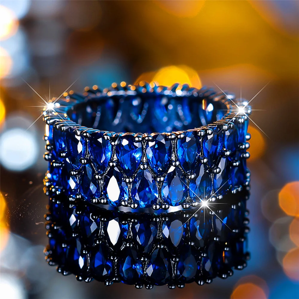 Luxury Female Crystal Purple Blue Zircon Stone Engagement Ring Vintage Black Gold Color Water Drop Wedding Jewelry For Women