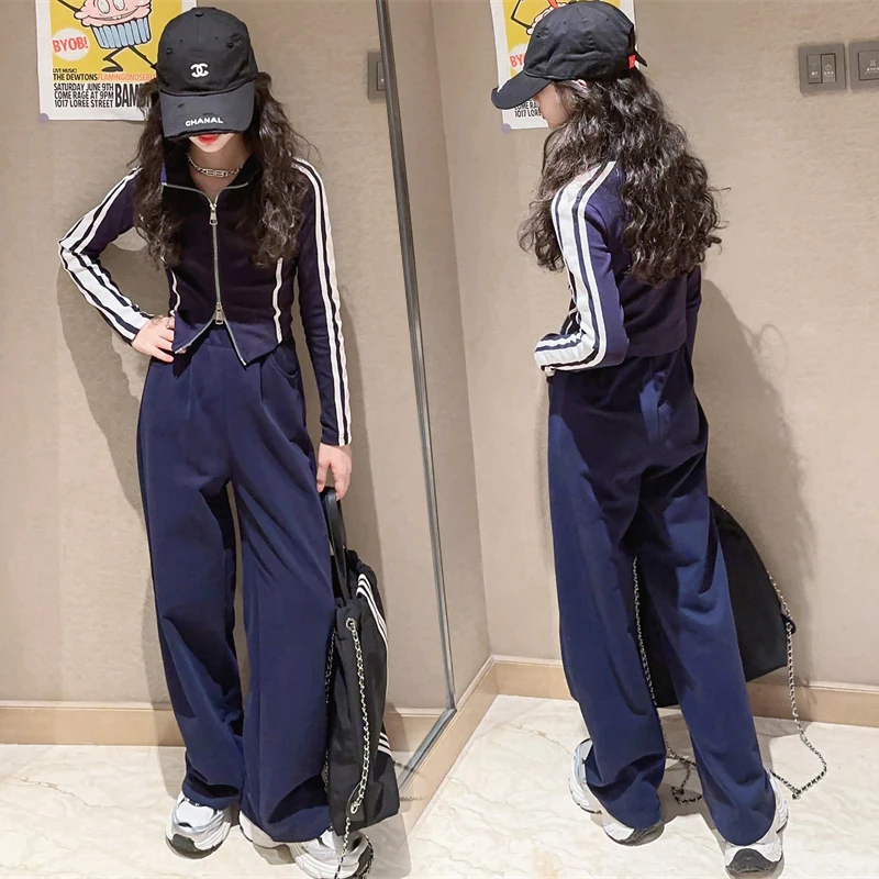 

spring autumn teen Girls casual clothes set Zipper short coat+Wide leg pants 2pcs 4 8 10 12 14 kids Sports suit school clothes