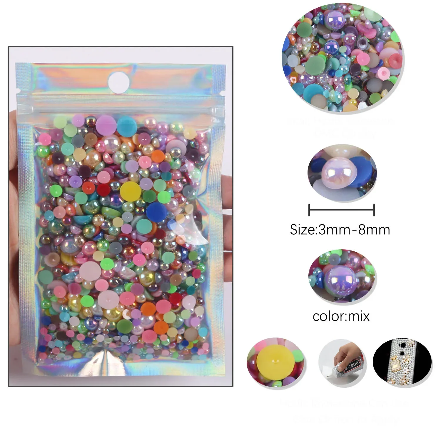 DIY 네일 아트 공예 장 모조 진주 하프 라운드 비즈, 믹스 사이즈 플랫 백 AB 진주, ABS 비즈 1000PCs, 3 4 5 6 8mm