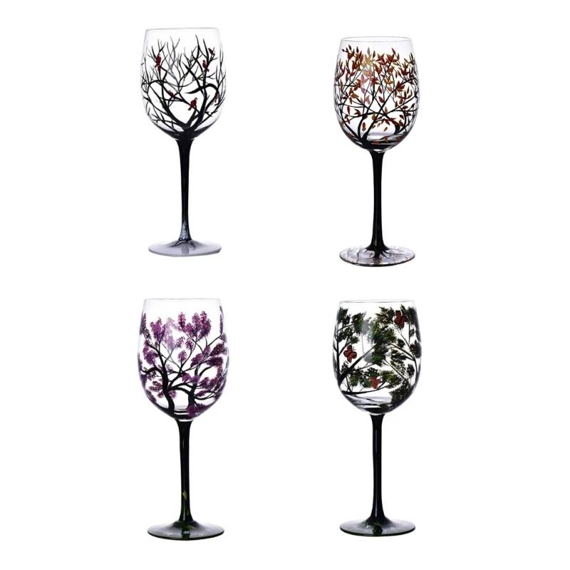 

Four Seasons Tree Wine Glass Hand-Painted Art Glassware Unique Glasses Drinkware D08D