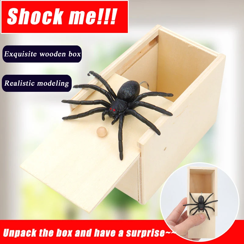 Wooden prank practical joke home office fear toy box spider children parents trick friends funny game gift surprise box magic trick toys big explode explosion dice close up joke prank toy children kids gift board games stage performance learn game
