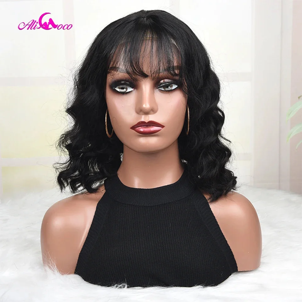 

180 Density Short Bob Wigs With Bangs 4x1 Lace Top Scalp Long Wavy Fringe Wig Brazilian Human Hair Glueless Bang Wigs For Women
