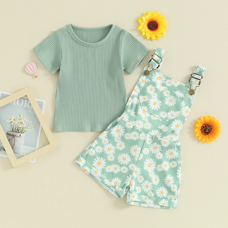 FOCUSNORM 3 Colors Toddler Kids Girls Clothes Sets 1-5Y Outfit Solid Ribbed Short Sleeve T-Shirt with Daisy Print Overall Shorts