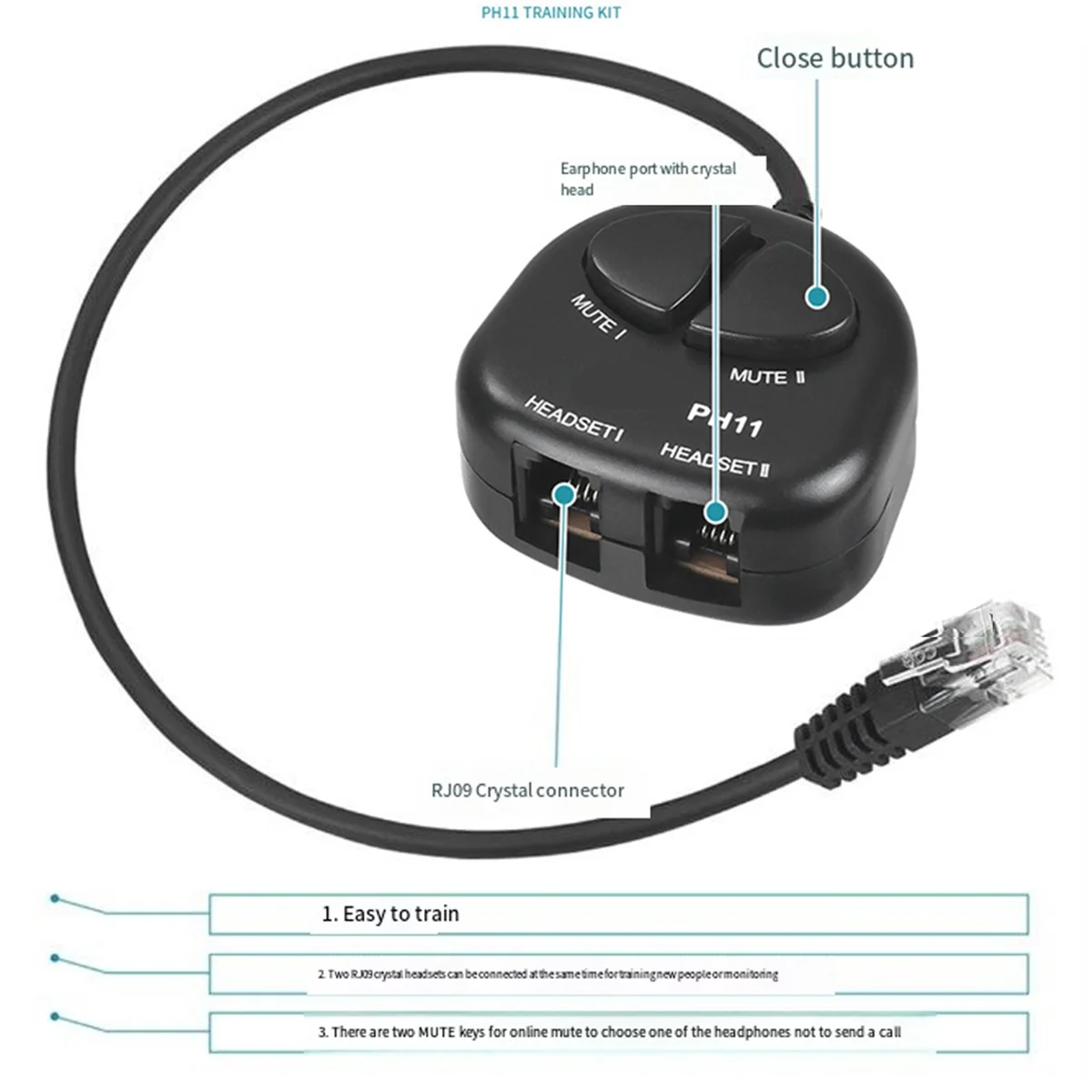 TWO Mute Switch Training Adapter Dual RJ9 Sockets to RJ9 Headset Male Plug for Call Center Headset Training Adapter 4P4C