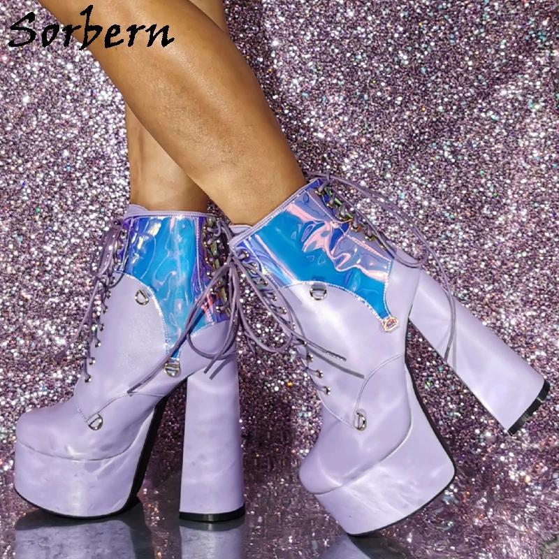 

Sorbern Lavender Ankle Boots Women Crossdresser Drag Quen Shoes Block High Heel 15Cm Platform Booties Lace Up Holo Round Toe