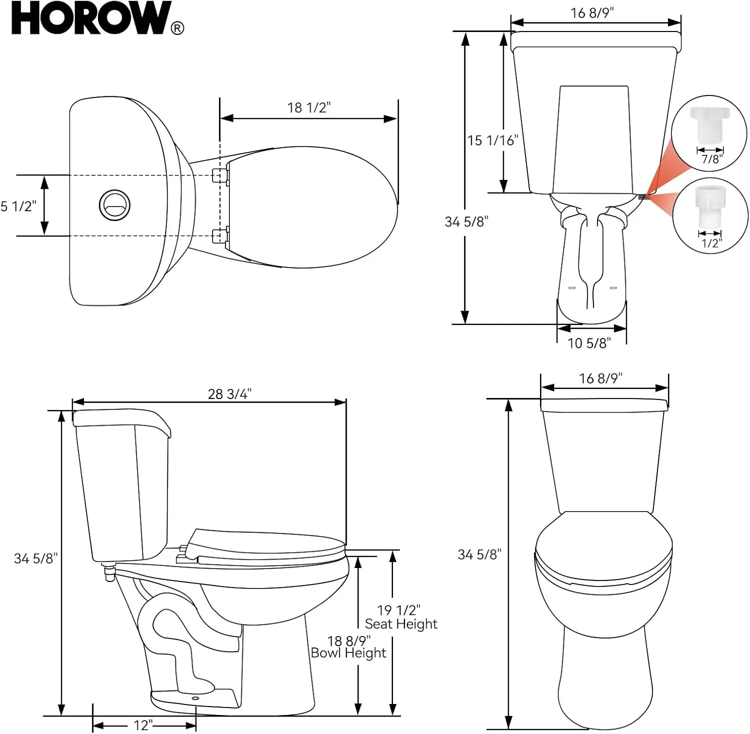 19 Inch Tall Toilets, Extra High Toilets with Comfort Chair Height Seat, 1.1/1.6 GPF Dual Flush Two-Piece Toilet, 12" Rough In 4