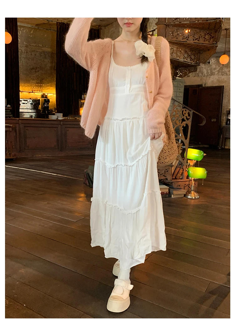 French Elegant Dresses for Women Solid Spaghetti Strap Summer New Ruffles A-line Casual Korean Chic Midi Vestidos Mujer