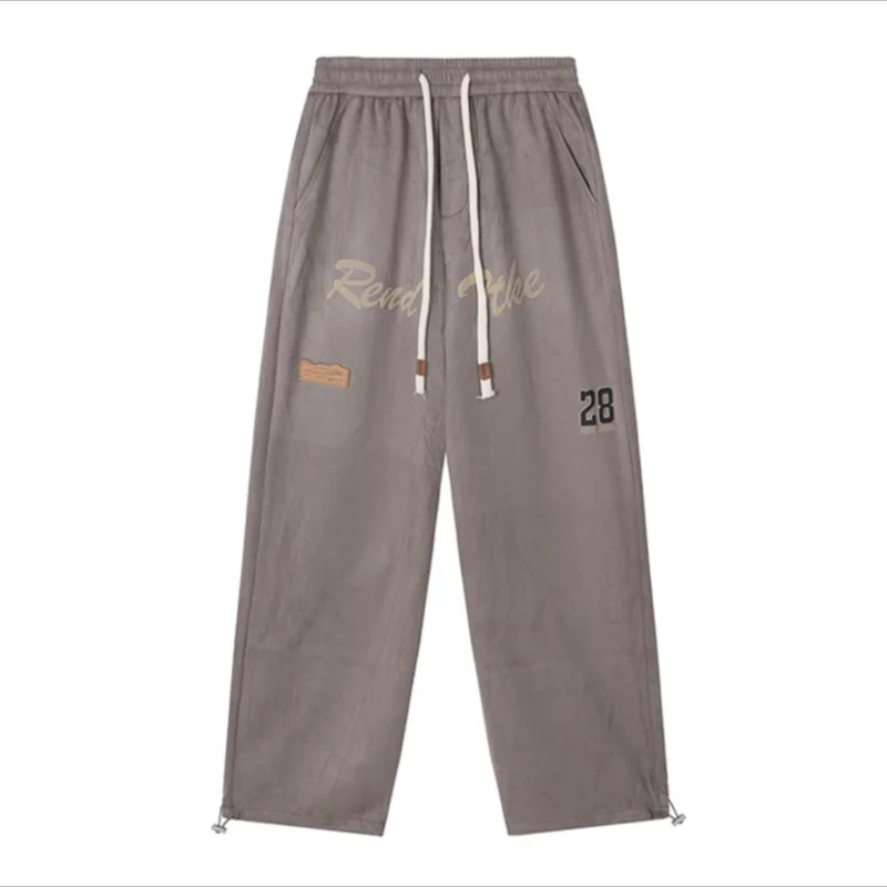 Korean Fashion Casual Sports Pants Trendy Wide Leg Pants Men Stripe Elastic Waist Drawstring Pockets Loose Straight Trousers
