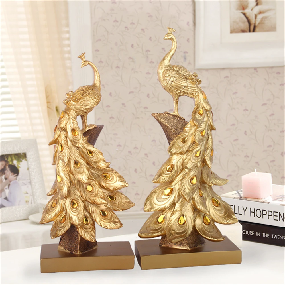 

34/40cm Peafowl Figurines Decor Resin Crafts Creative Colour Golden Blue Peacock Ornaments Shelf Home Decoration Business