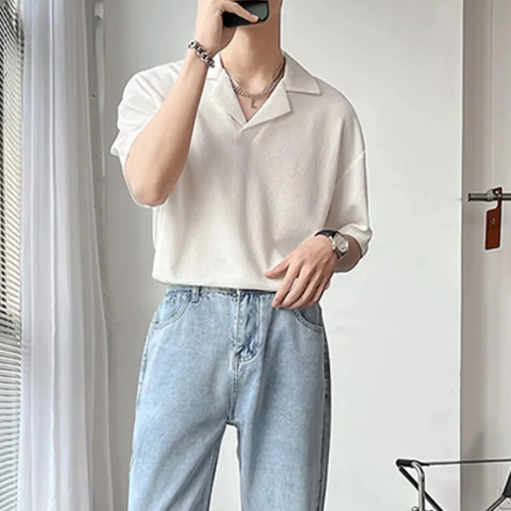 

Рубашка мужская с воротником-стойкой, деловая Повседневная Удобная элегантная футболка с полурукавами, с лацканами в Корейском стиле, полиэстер, прочная на каждый день