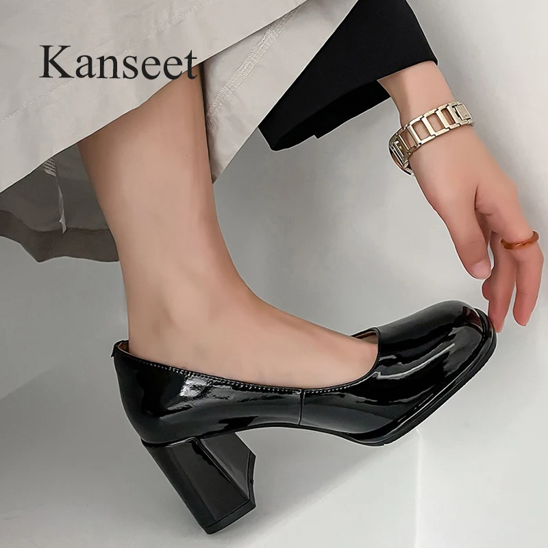 

Kanseet Women's Pumps 2022 Spring Newest Concise Square Toe Cow Patent Leather Handmade Party Dress High Heels Shoes 40 Wine Red