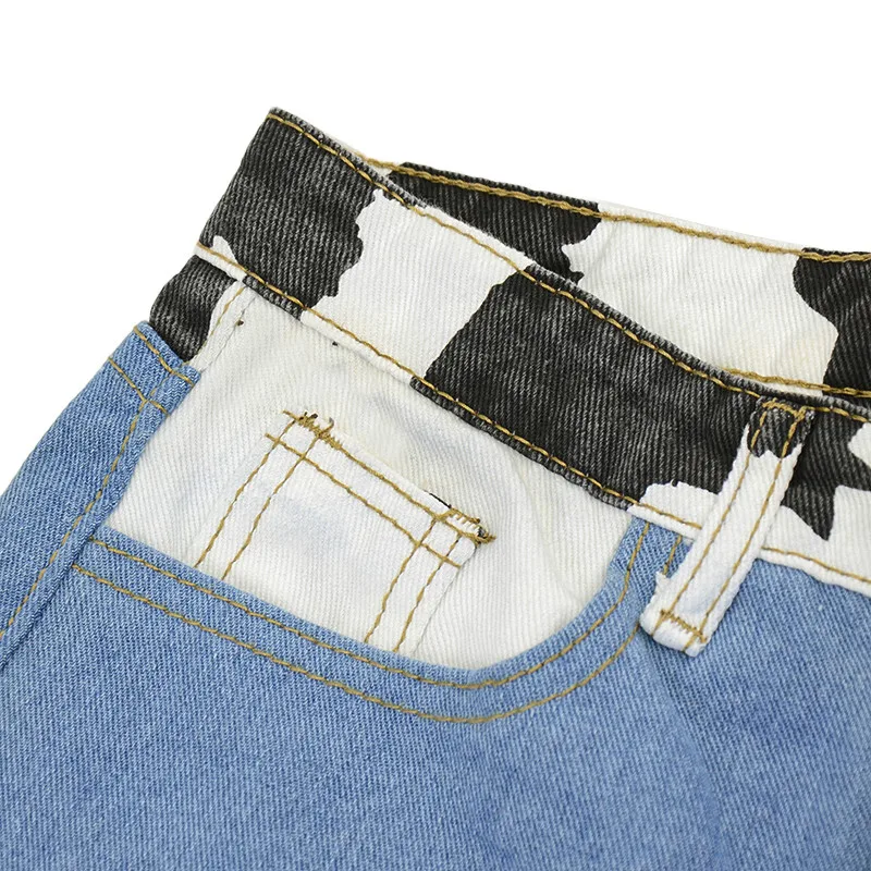 Vintage Milk Cow Print Patchwork Jeans Women Stripe Straight Style 90s Denim Pants Grunge Fashion Casual Streetwear 2023 Spring
