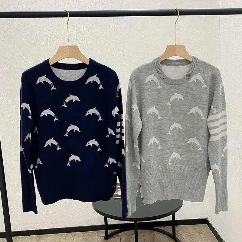 

High Quality Spring New Season TB Round Neck Knitted Sweater Women's Thick Color Contrast Four-bar Dolphin Top Bottoming Trend