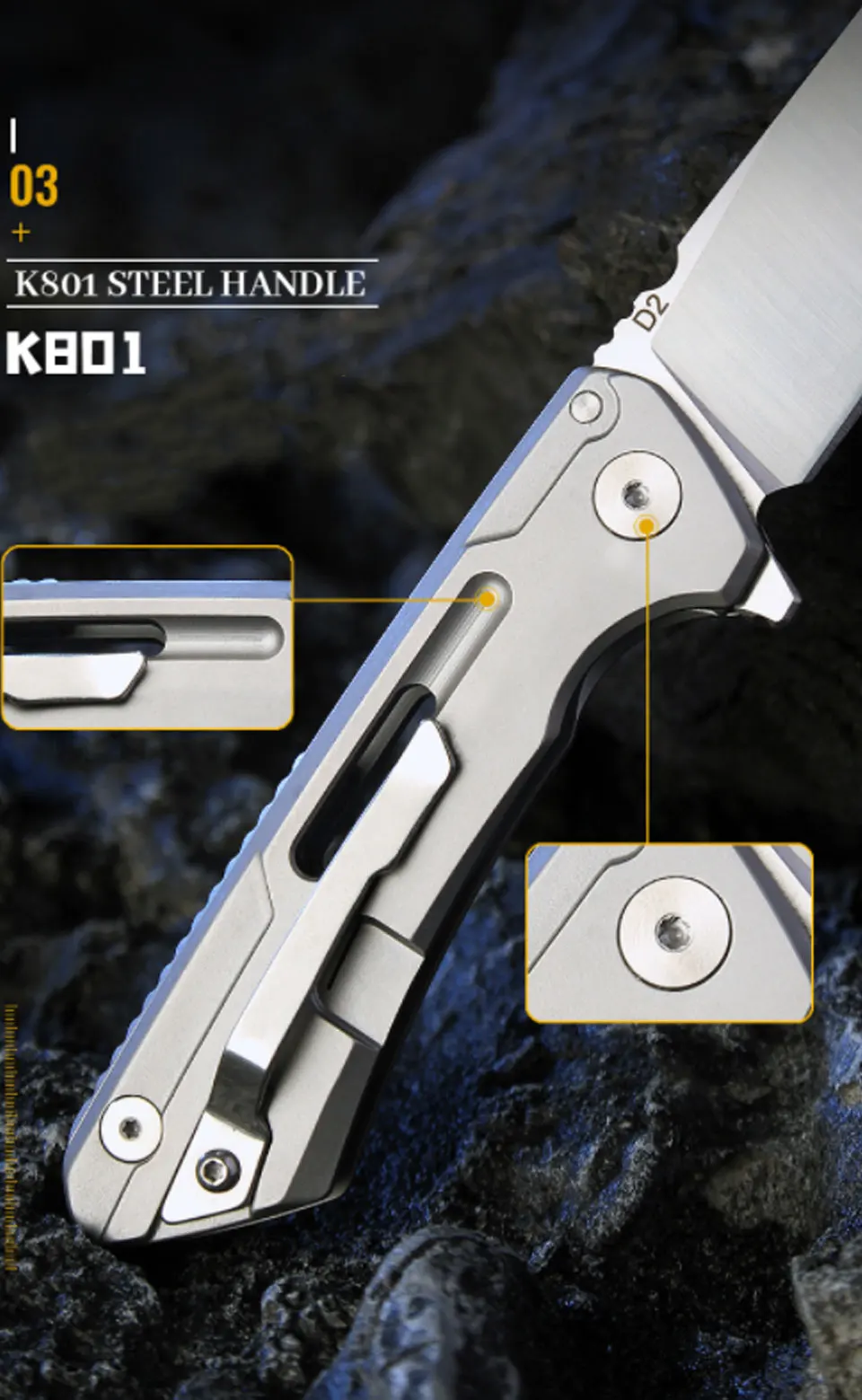 Description Picture 6 of itemD2 High hardness Steel Bearing Folding Knives Drop Point Blade Outdoor Camping Hunting Utility EDC Knife Multi-Tool Gift Box