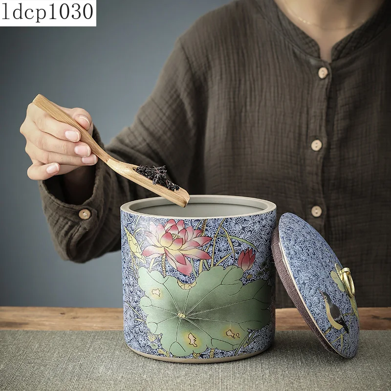 Chinese-style Tea Pot with Lid Moisture-proof Storage Tank Ceramic Sealed Storage Tank Home Retro Tea Box Living Room Decoration