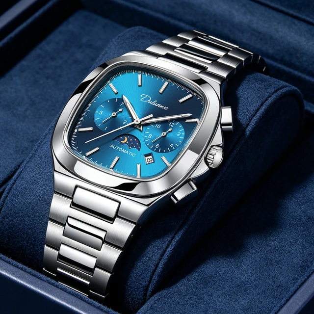 Dulunwe Automatic Watches for Men Square Wristwatch Multifunctional Small Dial Design Mechanical Movement Month Week
