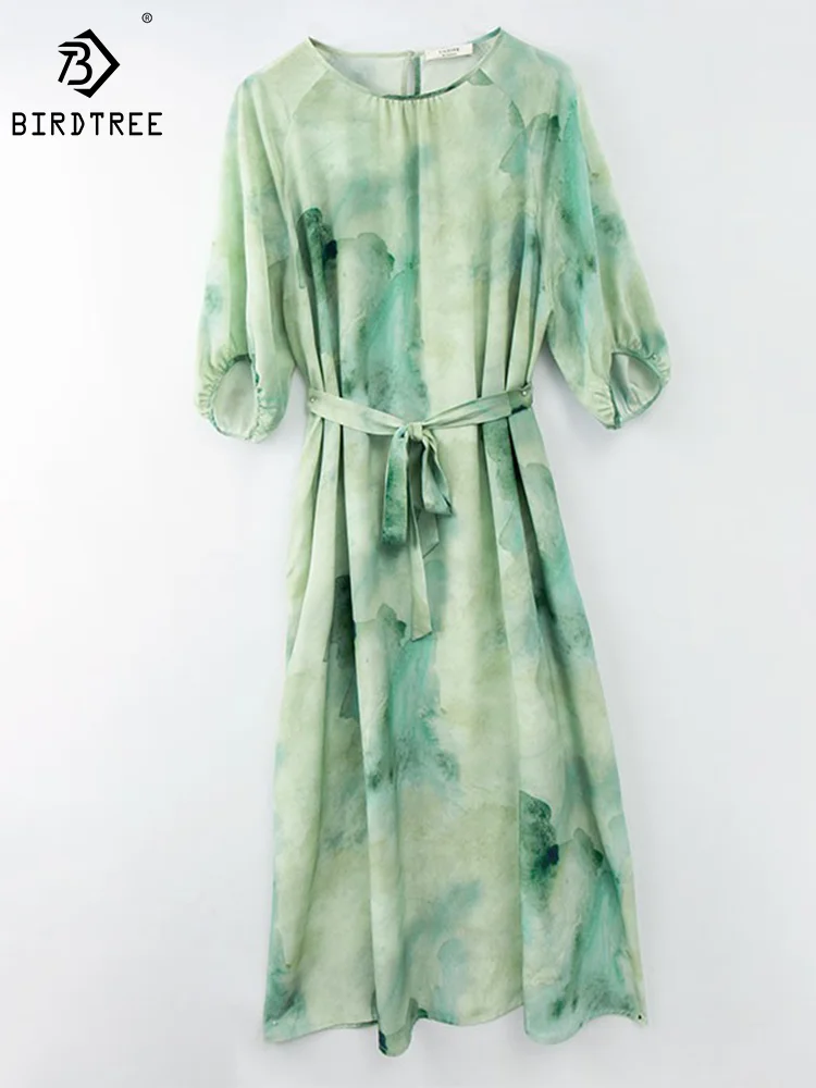 

Birdtree 100%Mulberry Silk Fashion Elegant Dress Women O-neck Loose A-line High Waist Mid Length Dress Summer 2023 New D37747QM