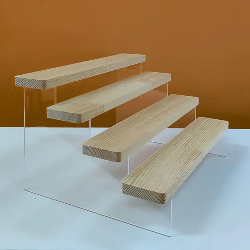 Acrylic Wood Display Stand Kit Figures Lipstick Powder Desktop Cosmetics Shelf Rack Makeup Holder Ladder Organizer Shelf 2