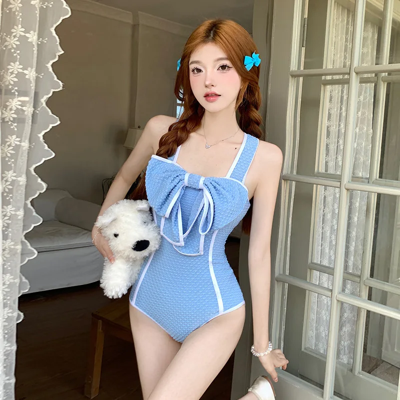 

New South Korean Female One Piece Belt Style Chest Bind Cute Girls Swimsuit Bikini Butterfly Plus Size Swimwear Women Clothing