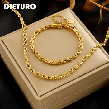 DIEYURO-Aço Inoxidável Gold Color Cadeia Colar e Pulseiras Conjunto para Mulheres, Senhora Acessórios Jóias, Moda Menina, Não-desbotamento, 316L 1